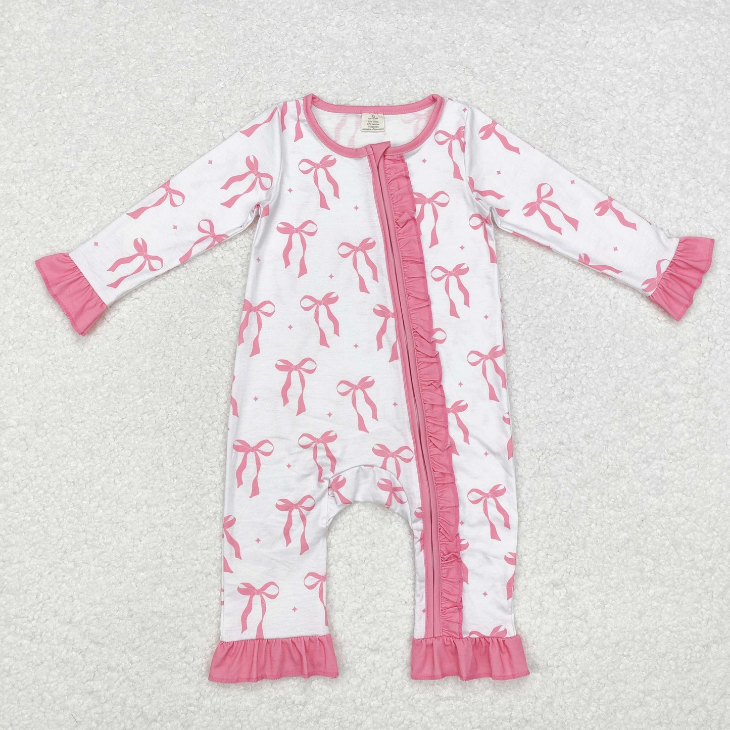 Baby Girl Long Sleeves Bows Ruffle Zipper Bamboo Pink Romper