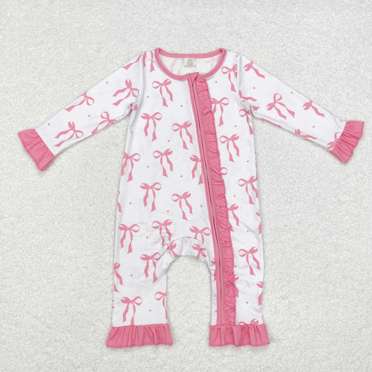 Baby Girl Long Sleeves Bows Ruffle Zipper Bamboo Pink Romper