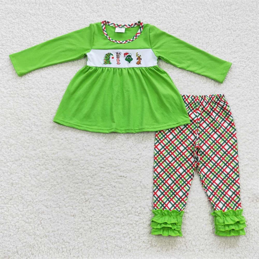 BLP0176 Chritsmas Baby Boy Green Embroidery Long Sleeves Shirt Plaid Pants Outfit Pajamas