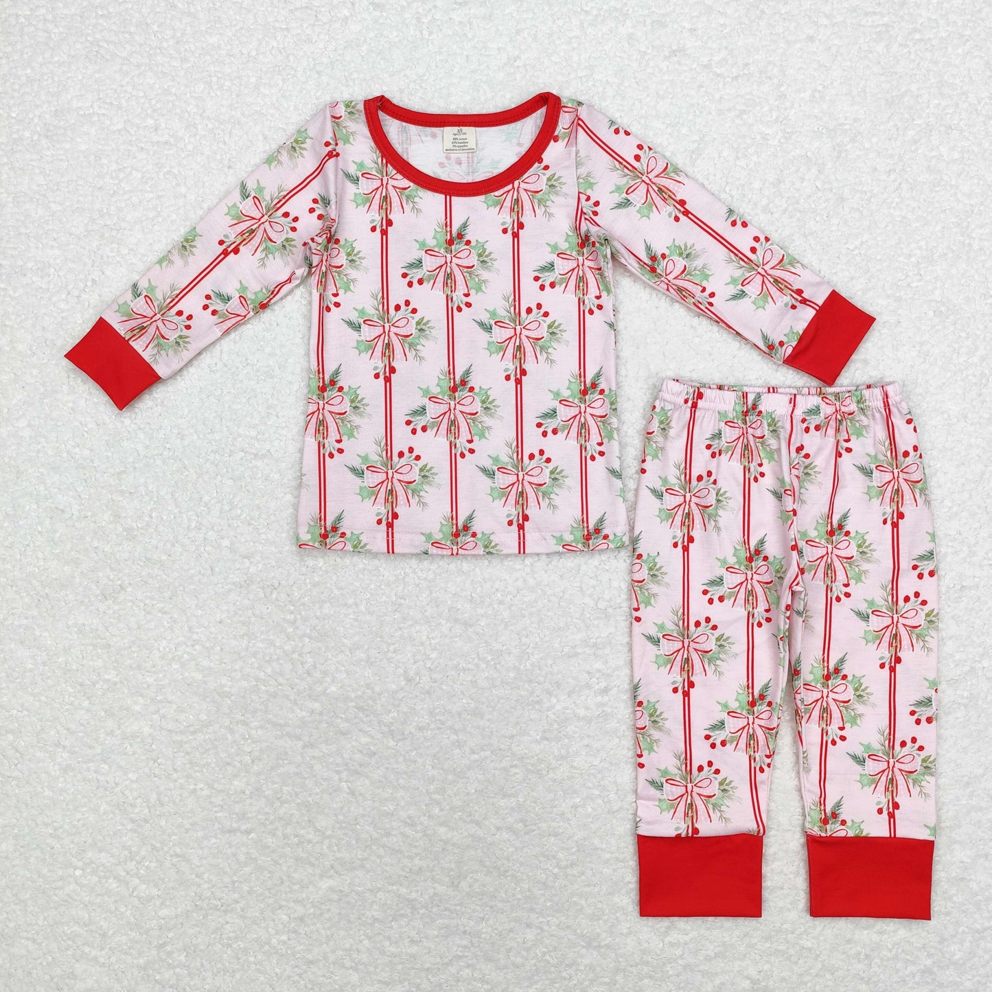 Baby Girl Long Sleeves Christmas Bows Shirt Pants Pajamas Pink Bamboo Set