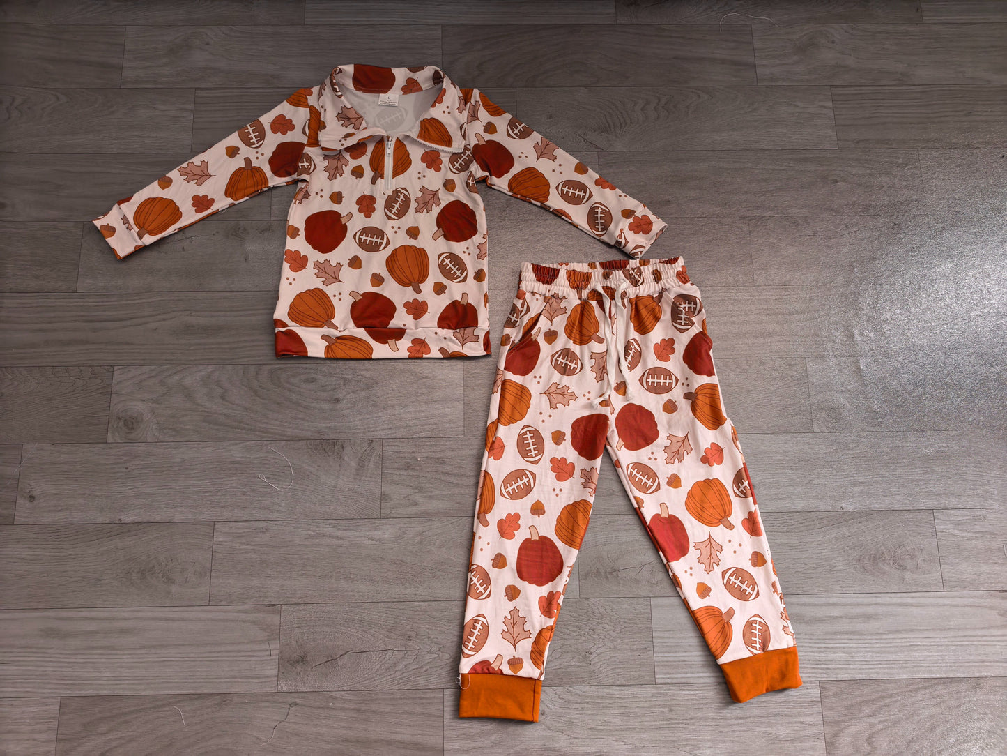 ( No moq ) Preorder Baby Boys Kids Pumpkins Football Zipper Pullover Pockets Pants Set Fall Clothes