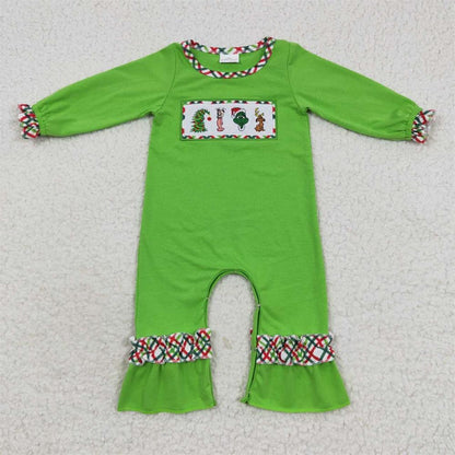 LR0324 Christmas Baby Girl Long Sleeves Green Embroidery One Piece Romper