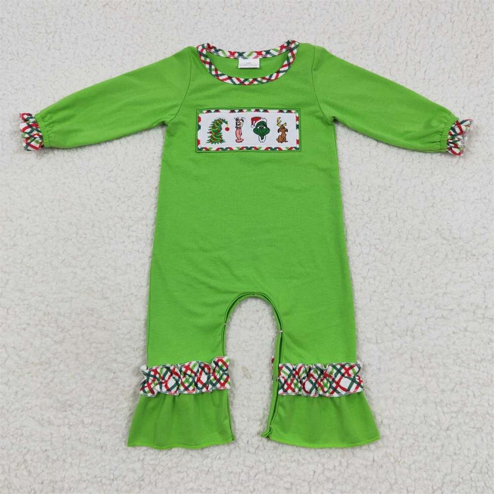 LR0325 Christmas Baby Boy Long Sleeves Green One Piece Romper