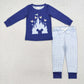 Baby Boy Long Sleeves Cartoon Castle Blue Shirt Plaid Pocket Pants Pajamas Set