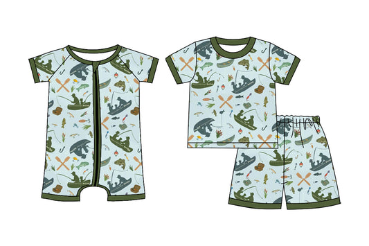 ( Moq 5 Each Style ) Sibling Baby Boys Kids Fishing Green Shirt Shorts Set Romper