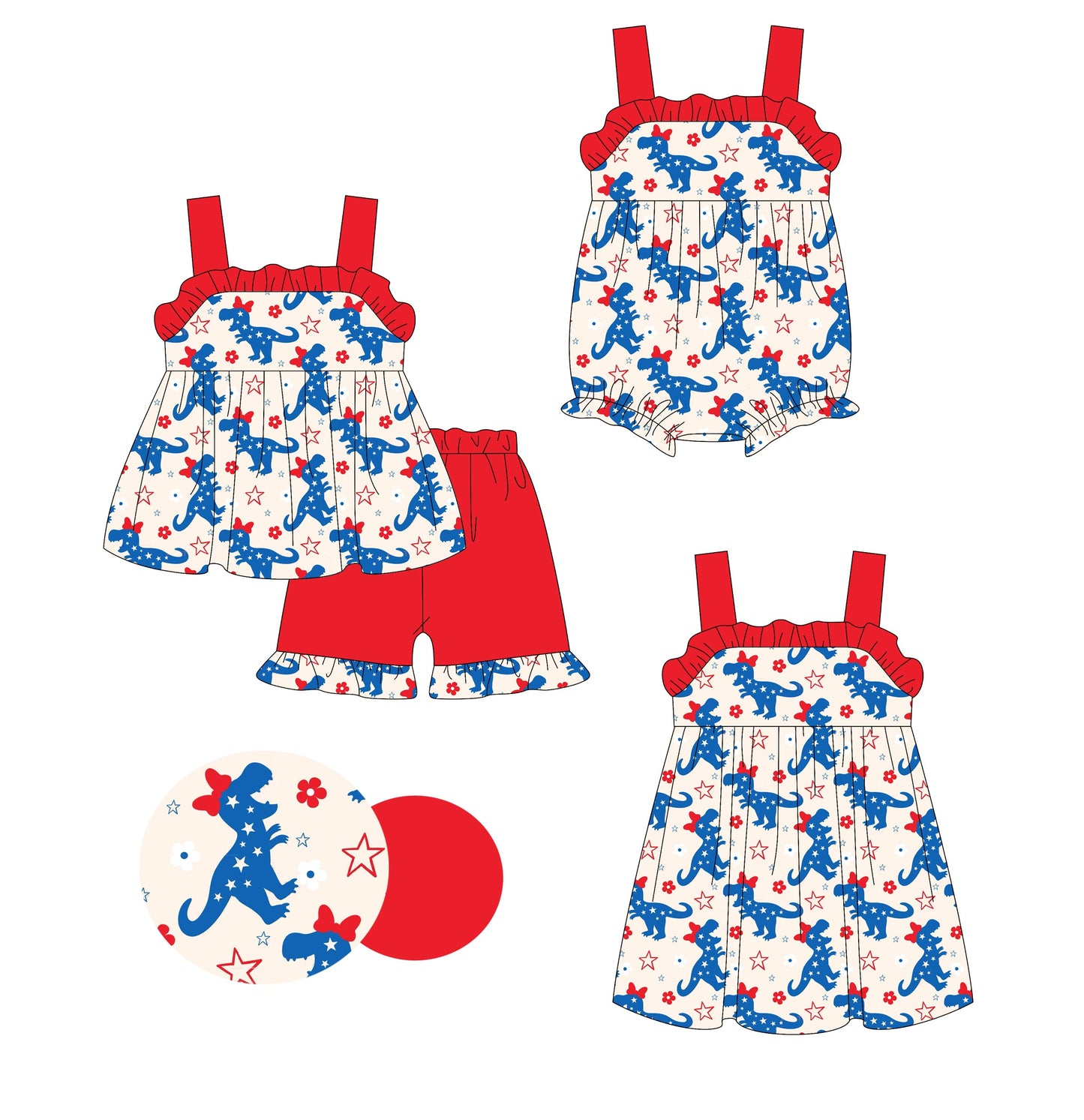 ( Moq 5 Each Style ) Baby Girl 4th Of July Dinosaurs Bows Sibling Romper Dress Set 4.19