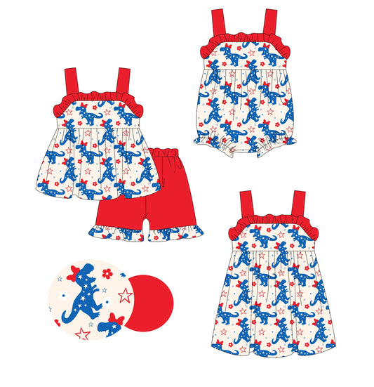 ( Moq 5 Each Style ) Baby Girl 4th Of July Dinosaurs Bows Sibling Romper Dress Set 4.19