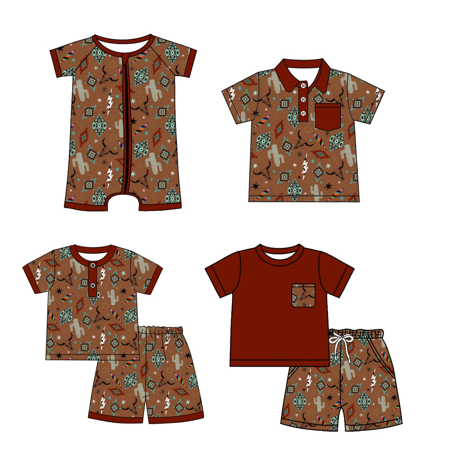 Baby Boy Western Cow Aztec Sibling Romper Shirt Set ( Moq 5 Each Style ) 3.17