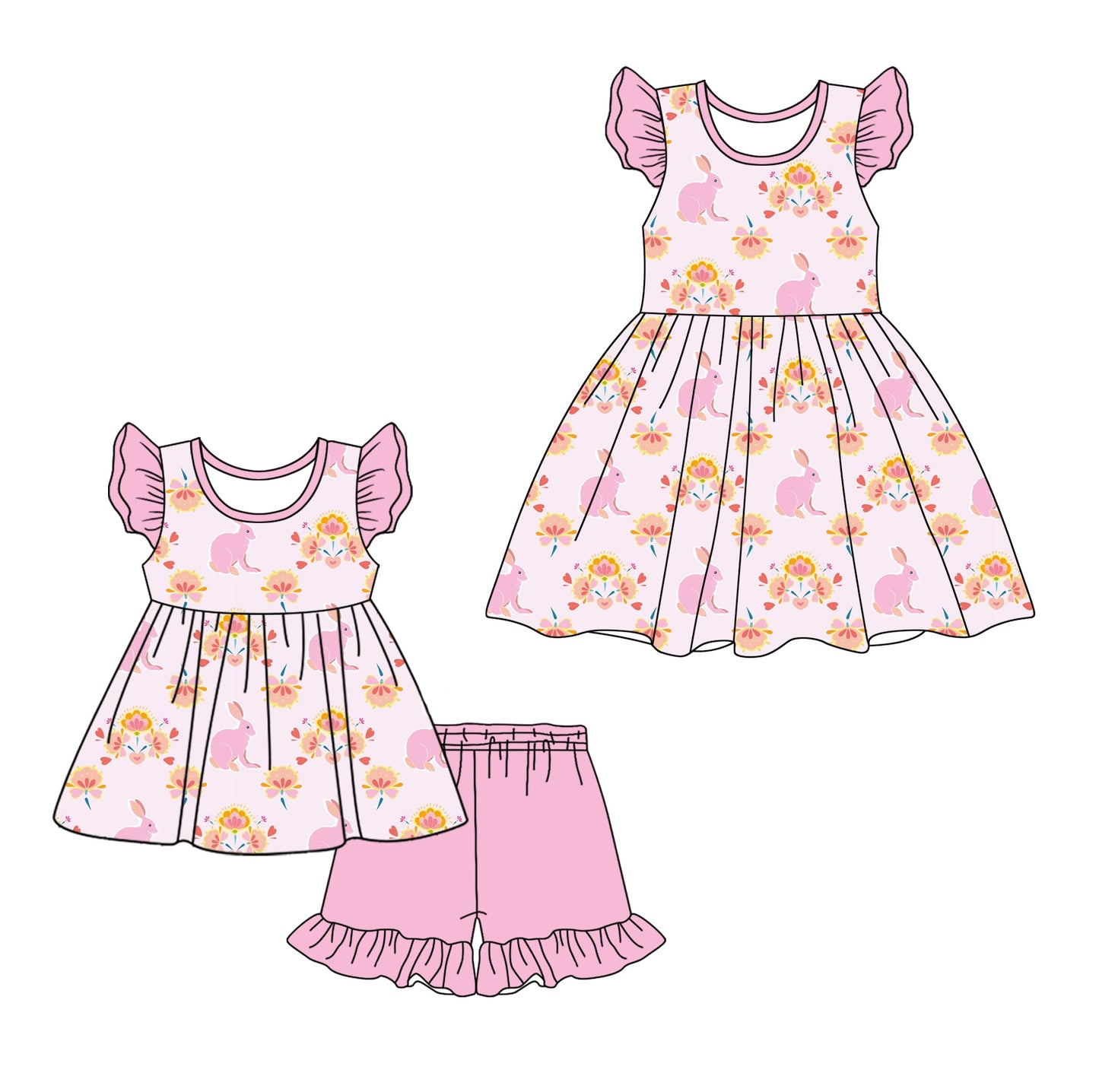 Baby Girl Short Sleeves Easter Rabbits Flower Sibling Dress Set ( Moq 5 Each Design ) 12.14