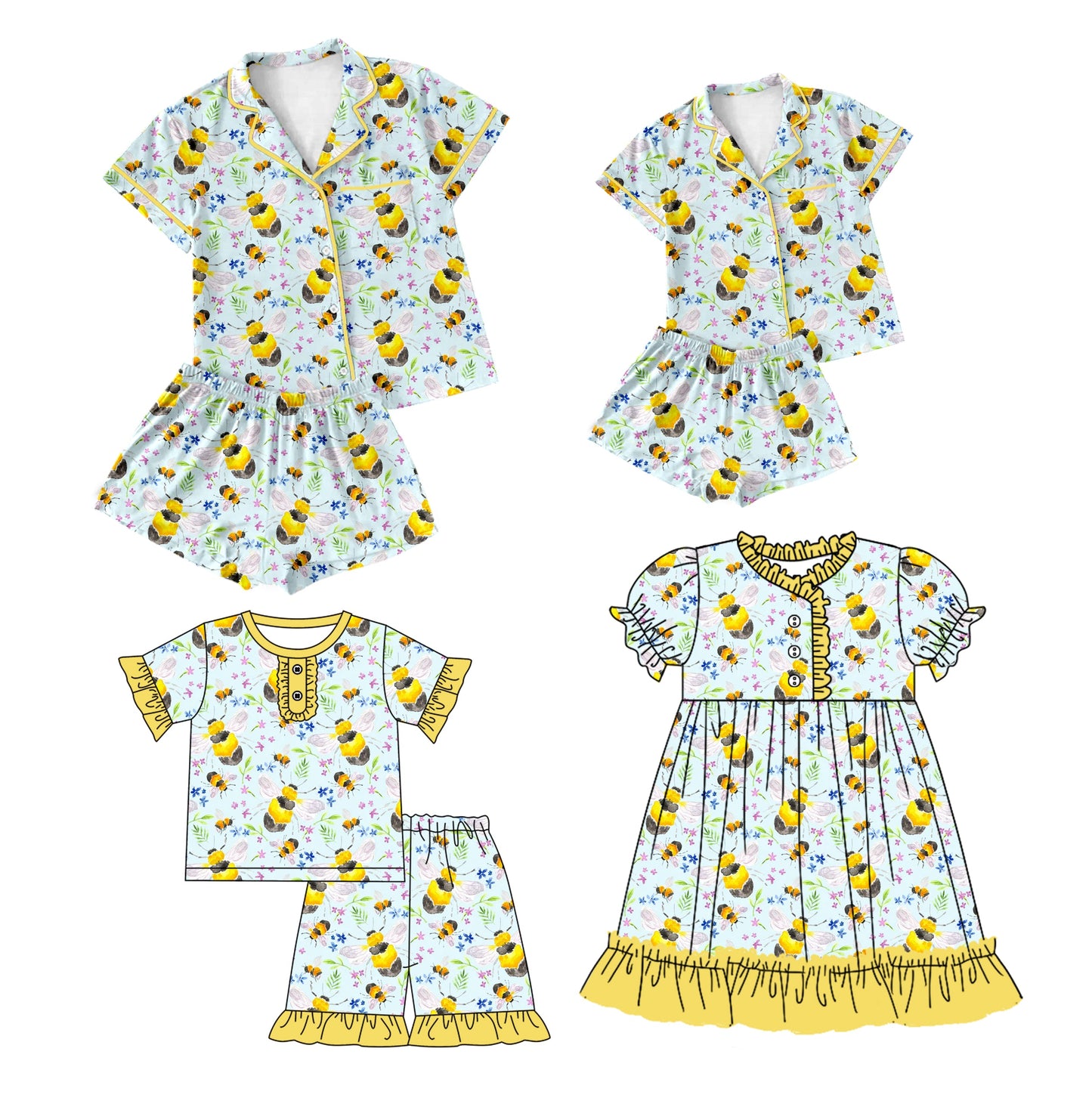 Baby Girl Toddler Adult Women Short Sleeves Bees Sibling Family Dress Pajamas Set ( Moq 5 Each Style ) 12.11