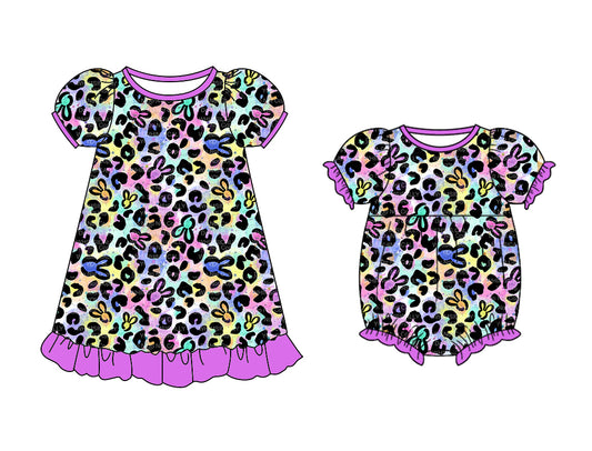 Baby Girl Short Sleeves Easter Leopard Rabbit Sibling Matching Romper Dress ( Moq 5 Each Design )