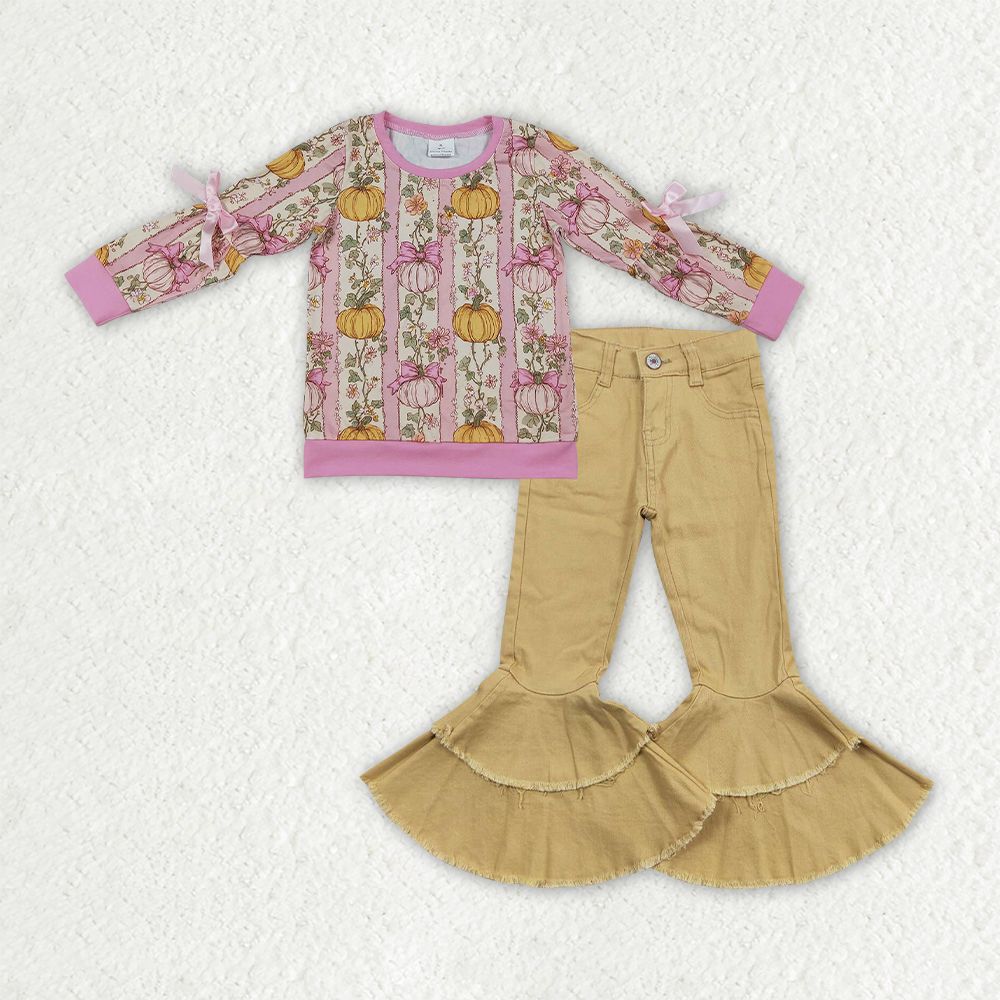 Baby Girls Pumpkins Bows Flower Shirt Jeans Denim Pants Set Fall Clothes RTS