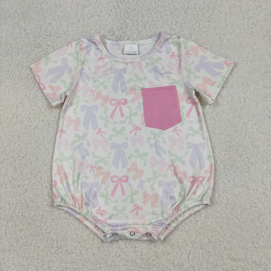 Baby Girls Infant Short Sleeves Bows Pocket Bubble Romper RTS