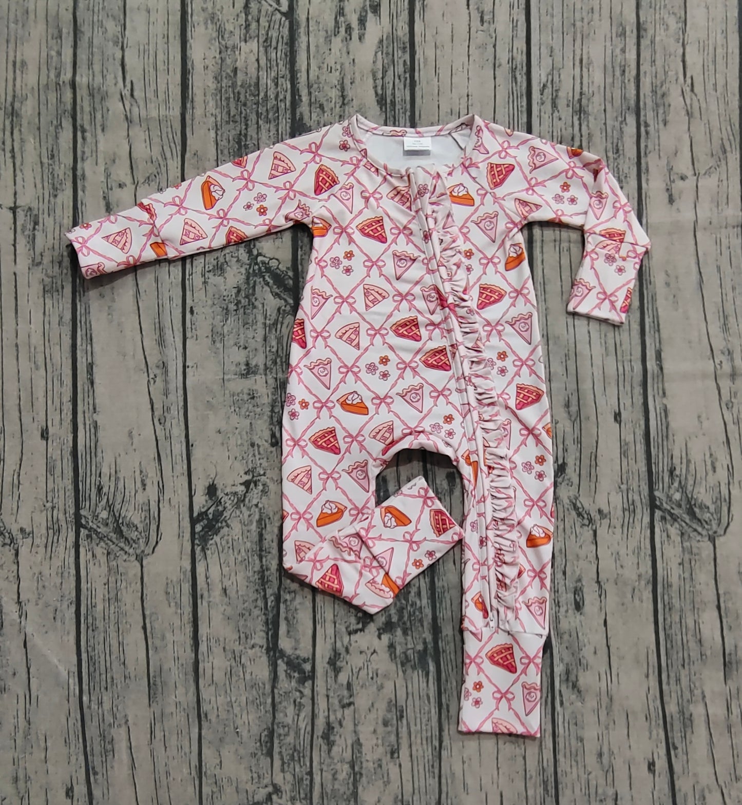 ( No moq ) Preorder Kids Girl Long Sleeves Pumpkin Pie Bows Thanksgiving Zipper Footie Pajamas Romper