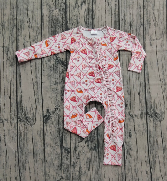 ( No moq ) Preorder Kids Girl Long Sleeves Pumpkin Pie Bows Thanksgiving Zipper Footie Pajamas Romper