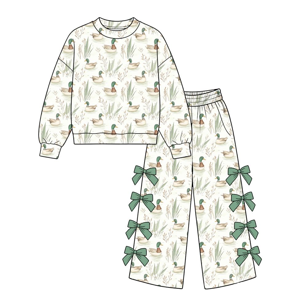 ( Moq 5 ) Preorder Baby Girls Kids Long Sleeves Ducks Shirt Green Bows Pants Set Clothes