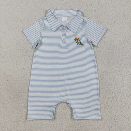 Baby Boy Toddler Short Sleeves Embroidery Duck Stripes Buttons Romper RTS