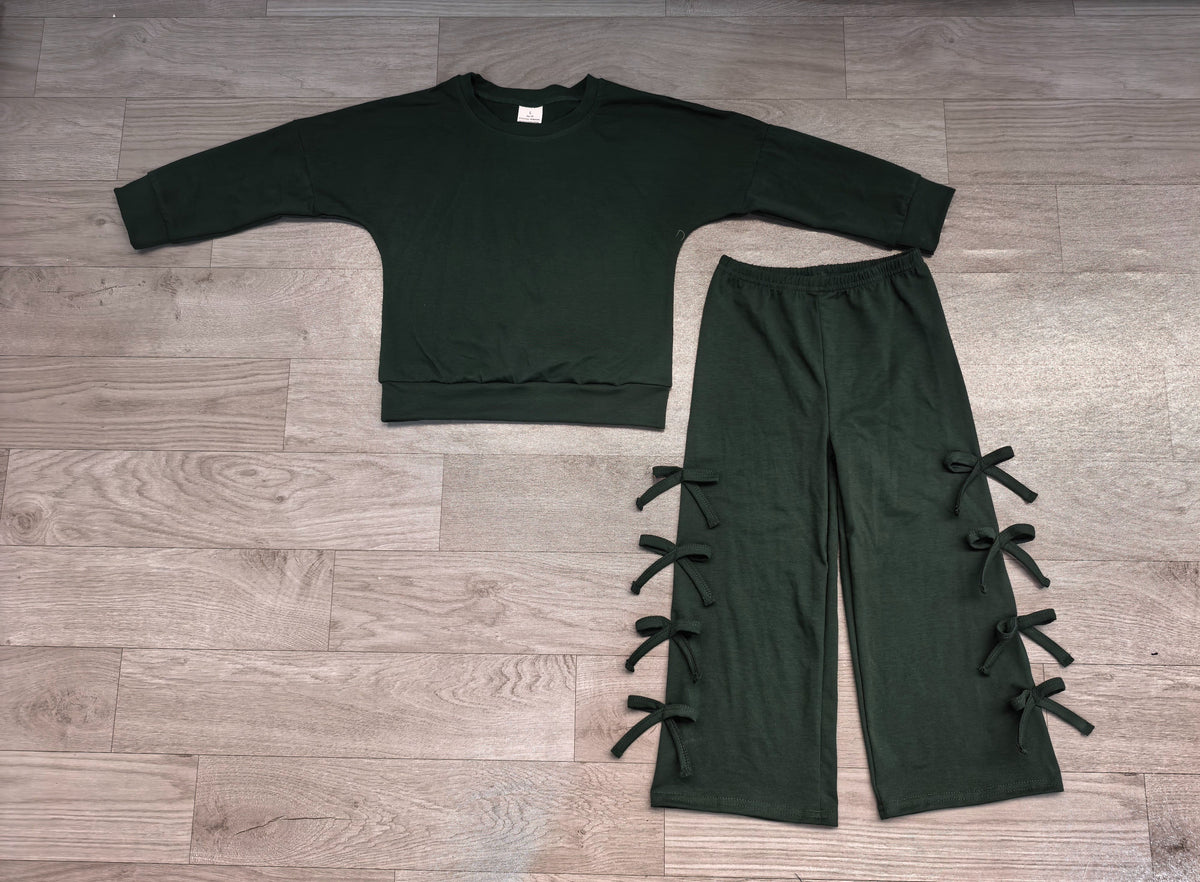 ( No moq ) Preorder Baby Girls Kids Long Sleeves Green Shirt Bows Pants Set Cotton Clothes