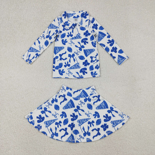Girls Kids Blue Bows Football Zipper Shirt Yoga Active Skorts Team Clothes Set RTS