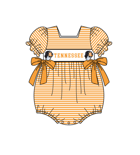 ( Moq 5 ) Baby Girls Kids Short Sleeves Dogs Orange Stripes Purple Bows Team Romper