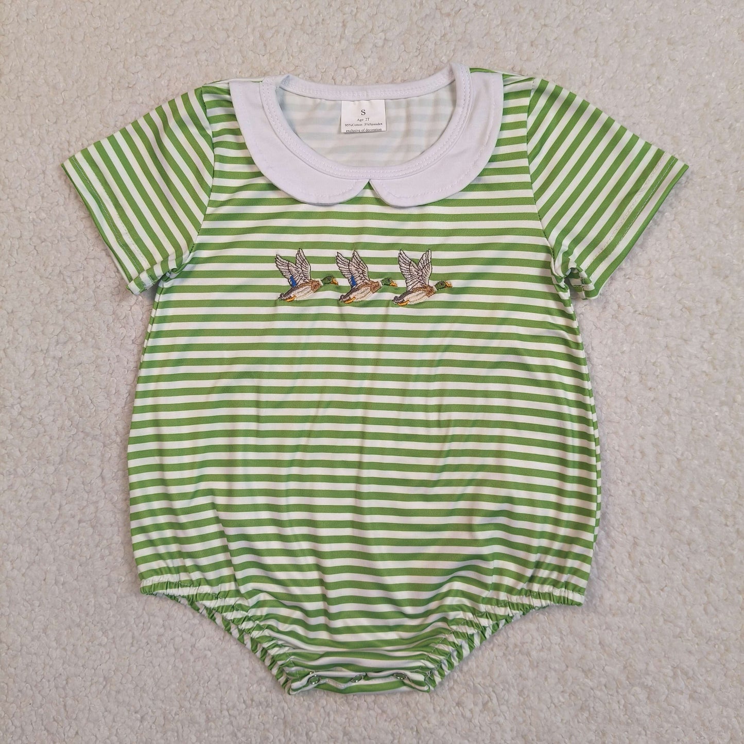 Baby Boys Kids Short Sleeves Embroidery Ducks Green Stripes Bubble Romper RTS