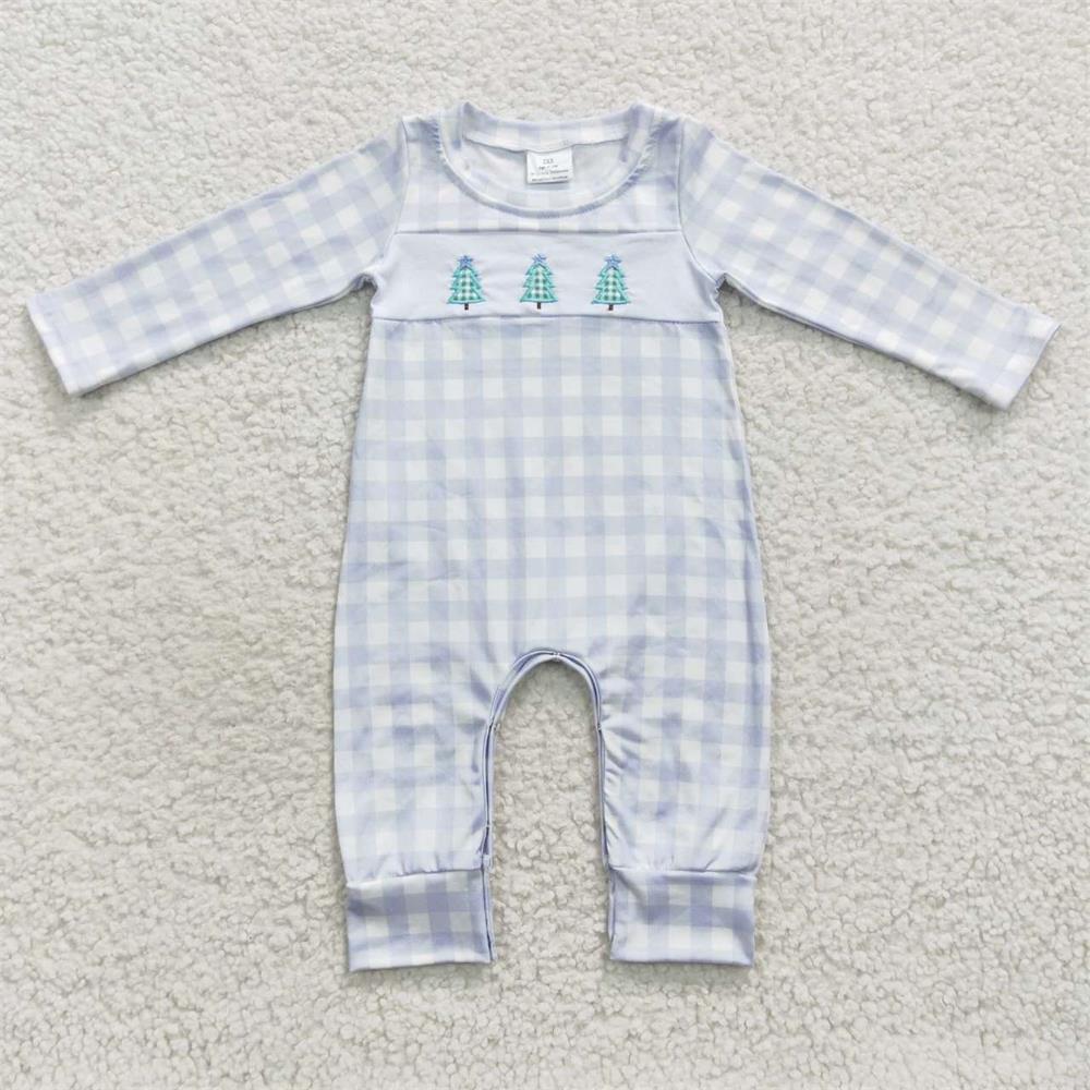 LR0335 Baby Boy Newborn Long Sleeves One Piece Embroidery Christmas Tree Blue Plaid Romper