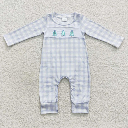 LR0335 Baby Boy Newborn Long Sleeves One Piece Embroidery Christmas Tree Blue Plaid Romper