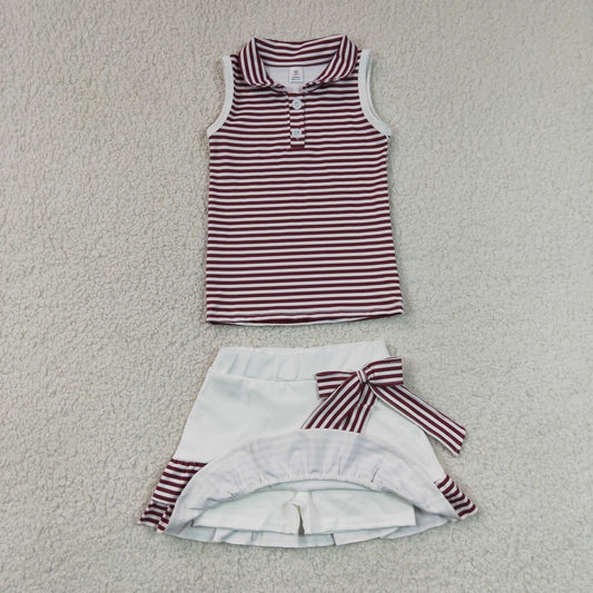 Baby Girls Dark Red Stripes Buttons Tops Ruffle Shorts Skirt Yoga Clothes Set