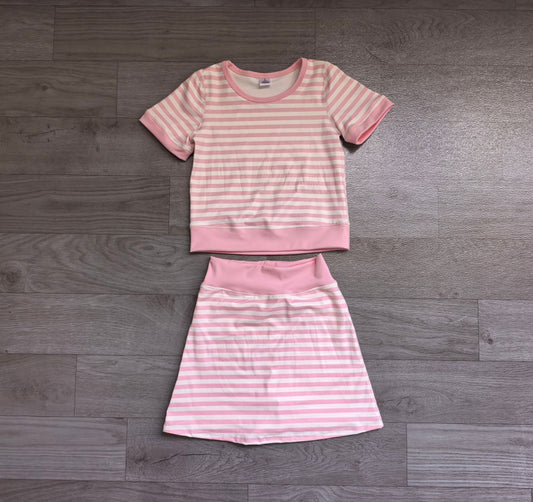 ( No moq ) Preorder Baby Girls Kids Short Sleeves Shirt Pink Stripes Skirt Shorts Set Yoga Active Clothes