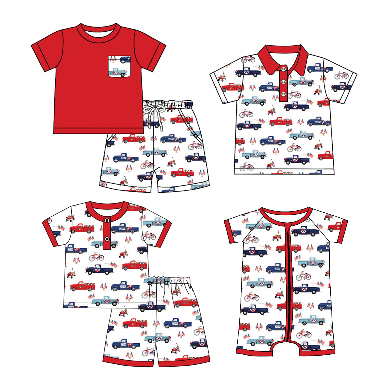 Baby Boy Girl July 4th Trucks Flags Sibling Romper Set ( Moq 5 Each Style ) 1.3