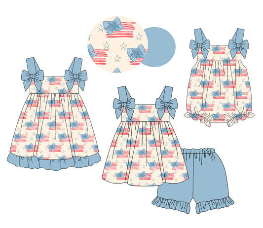 ( Moq 5 Each Style ) Baby Girl Sleeveless Flags Bows 4th Of July Sibling Romper Dress Set 4.19
