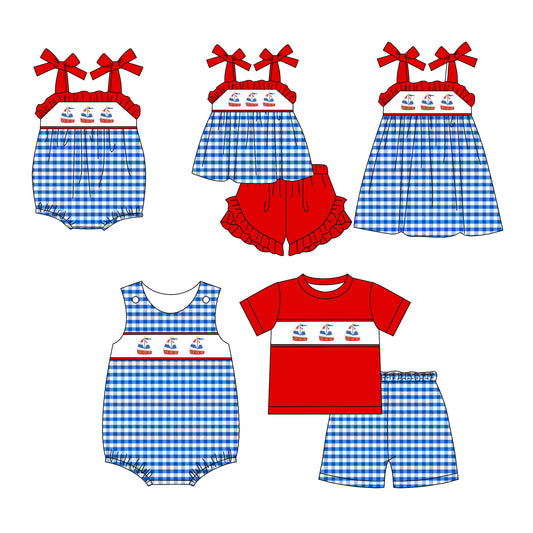 Baby Boy Girl July 4th Boats Checked Sibling Romper Dress Set ( Moq 5 Each Style ) 1.13