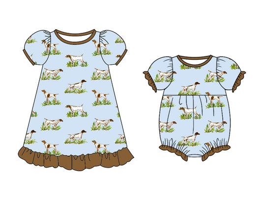 Baby Girl Short Sleeves Dog Sibling Matching Romper Dress ( Moq 5 Each Design )