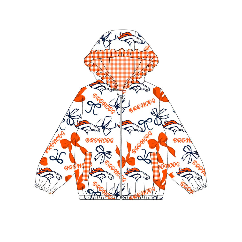( Moq 5 ) Baby Girls Kids Long Sleeves Orange Bows Cheer Pockets Hoodie Zipper Jacket Tops
