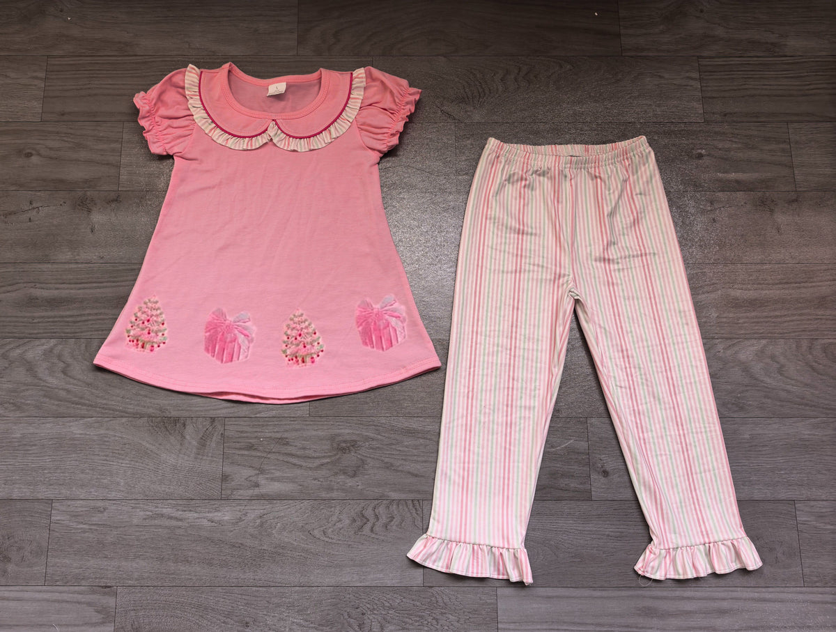 ( No moq ) Preorder Baby Girls Kids Embroidery Christmas Tree Tunic Stripes Pants Pink Set Clothes