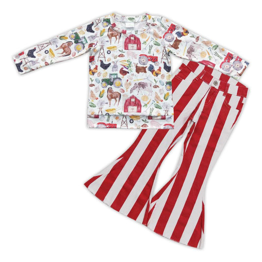 Baby Girl Long Sleeves Farm Animal Shirts Red Stripes Bell Denim Pants Outfit