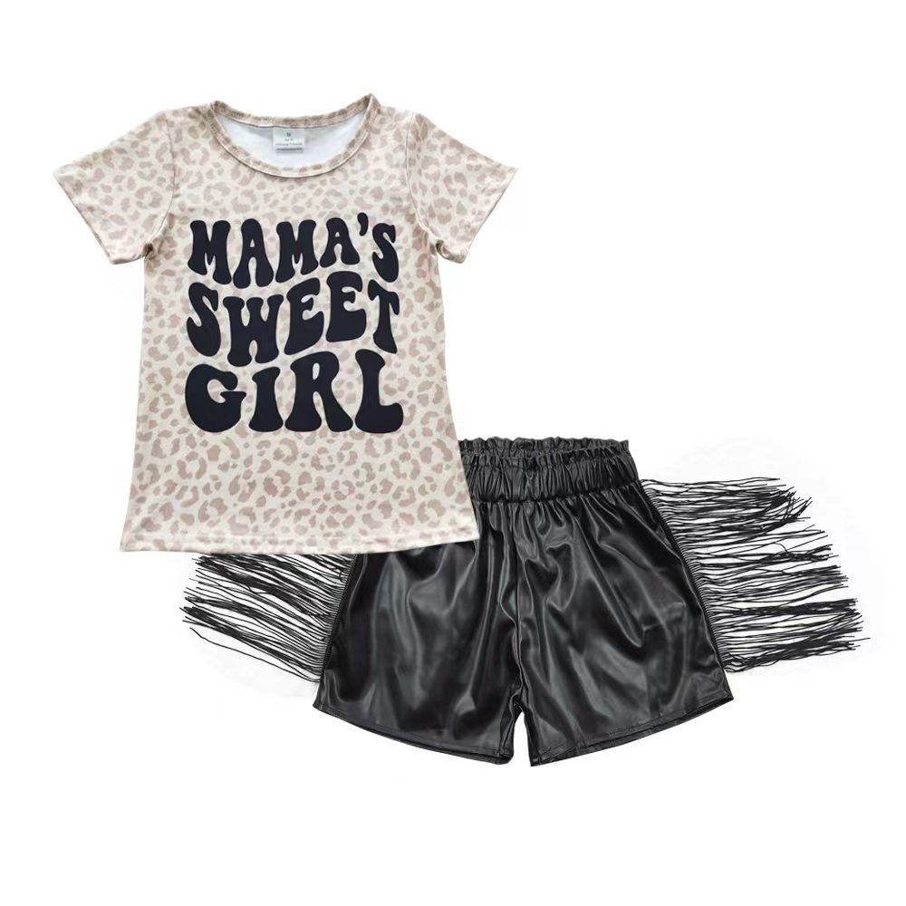 Mama's Sweet Girl Short Sleeves Leopard Shirt Black Leather Tassel Shorts Summer Outfit