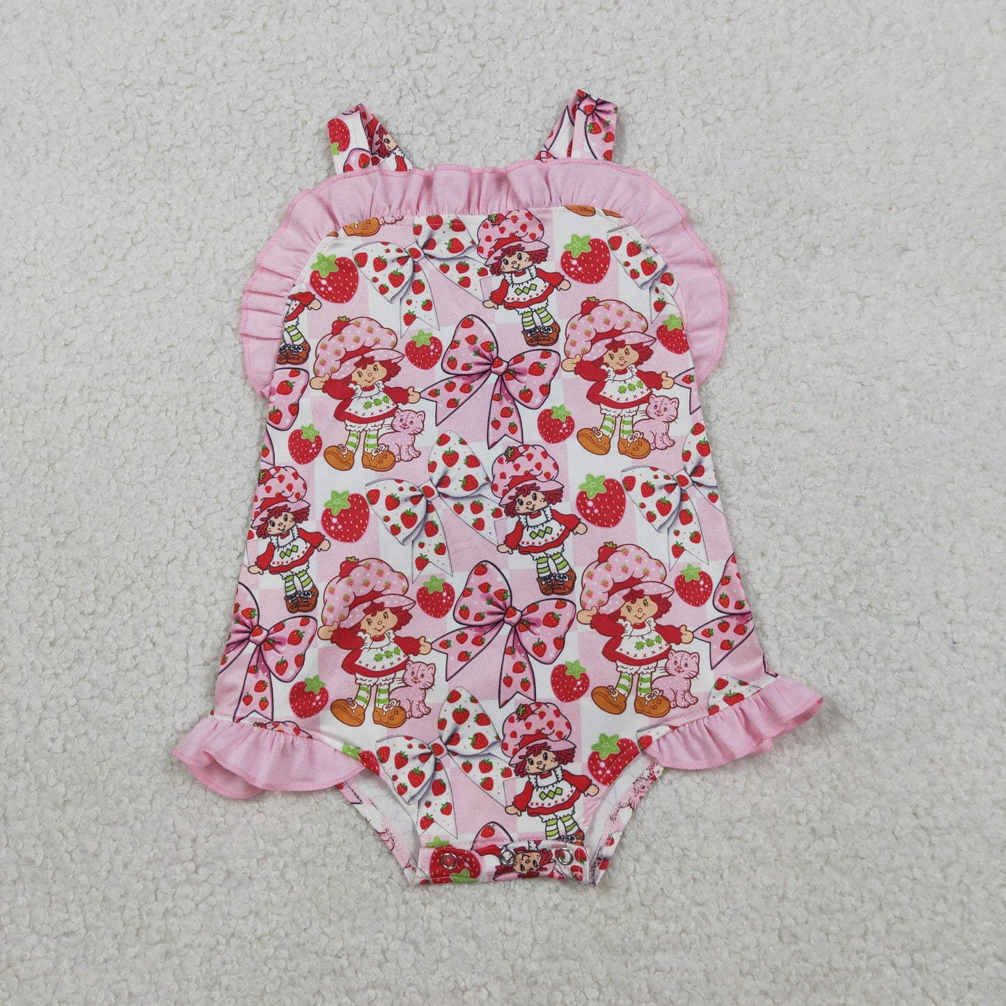 Baby Girls Infant Sleeveless Strawberry Pink Bows Ruffle Romper RTS