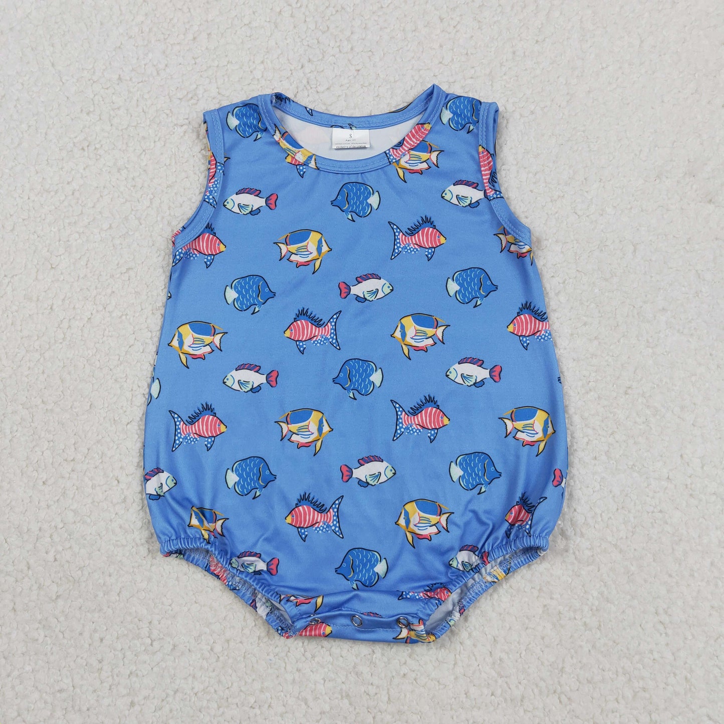 Baby Boys Infant Sleeveless Fish Blue Bubble Romper Clothes RTS