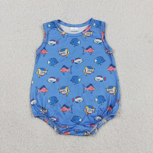 Baby Boys Infant Sleeveless Fish Blue Bubble Romper Clothes RTS
