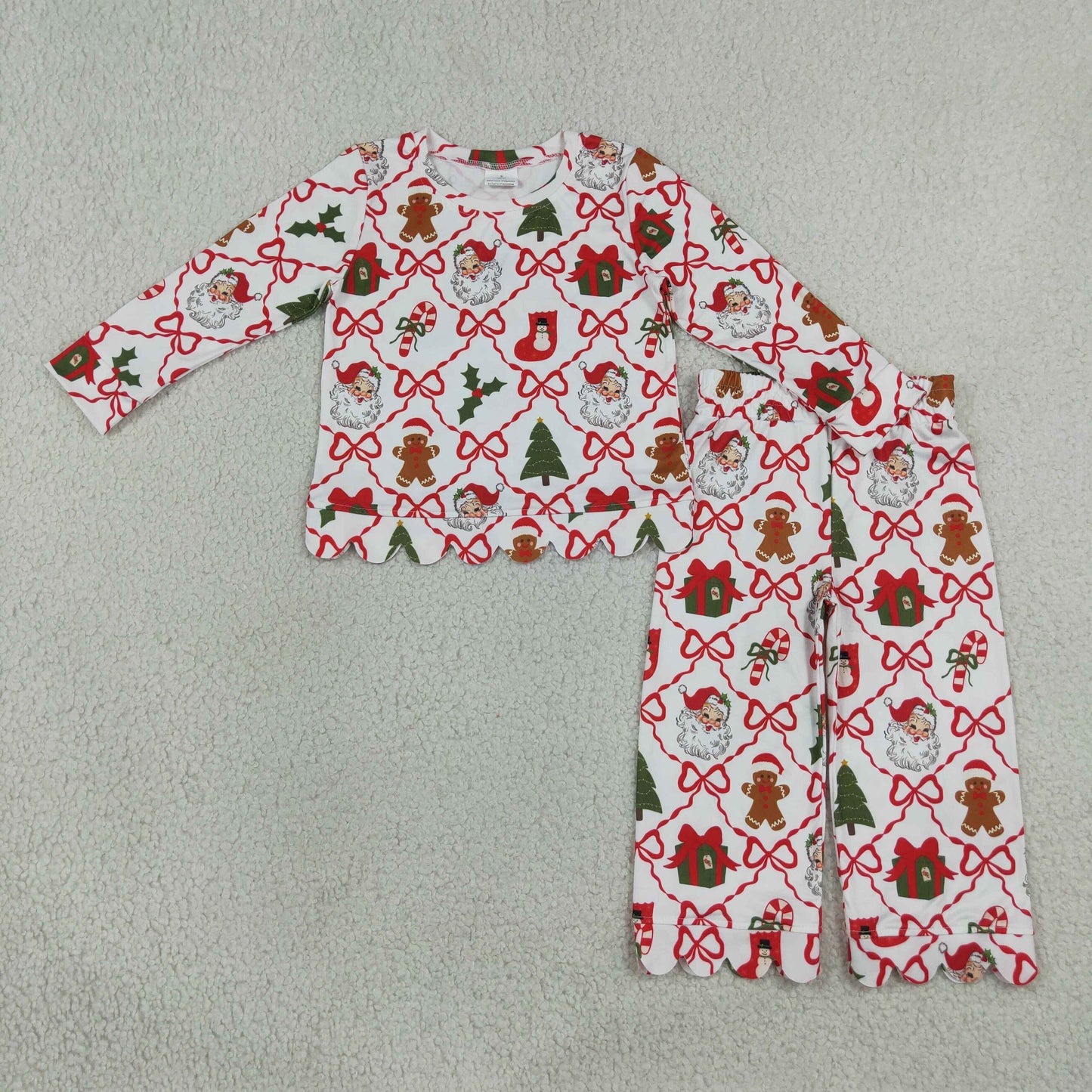 Baby Girls Kids Short Sleeves Christmas Santa Bows Shirt Scallop Pants Set Clothes RTS