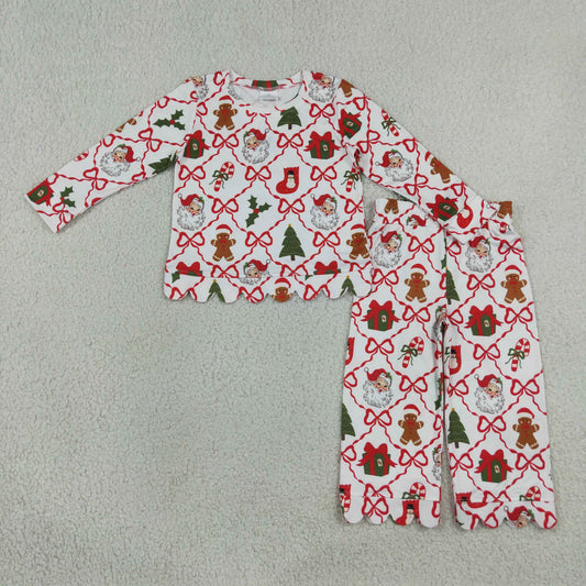 Baby Girls Kids Short Sleeves Christmas Santa Bows Shirt Scallop Pants Set Clothes RTS