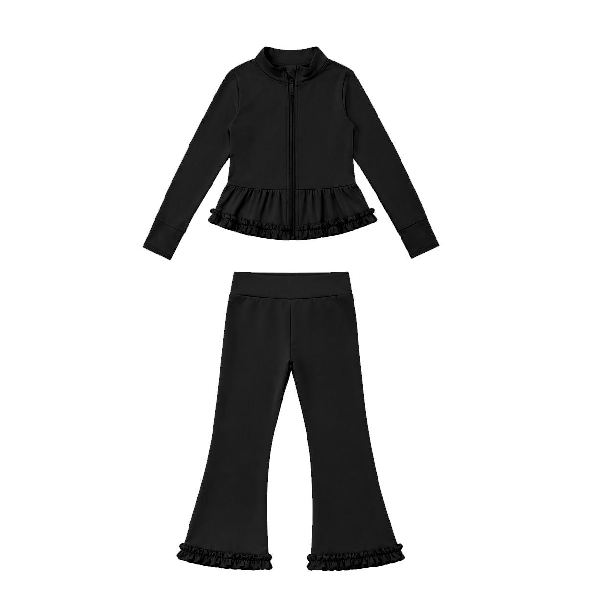 ( Moq 5 ) Preorder Baby Girls Kids Zipper Ruffle Cardigan Tops Pants Black Set Yoga Active Clothes