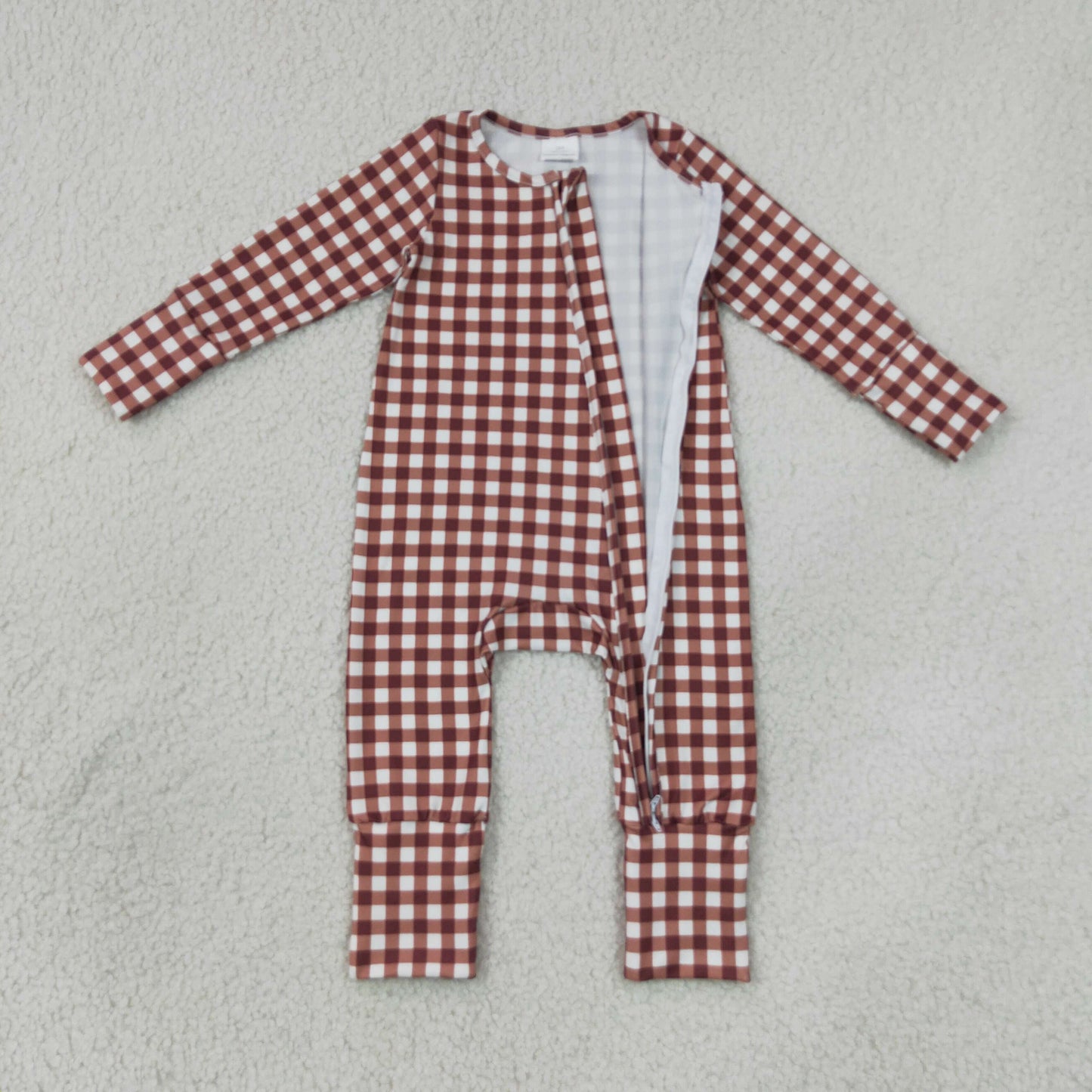 Baby Boys Kids Long Sleeves Brown Plaid Zipper Footie Sleeper Romper Clothes RTS