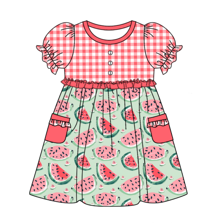 Baby Girl Short Sleeves Watermelon Plaid Sibling Romper Dress Clothes Set ( Moq 5 Each Design )11.21