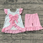 ( No moq ) Preorder Girls Kids Short Sleeves Flower Bows Stripes Ruffle Tops Shorts Clothes Set