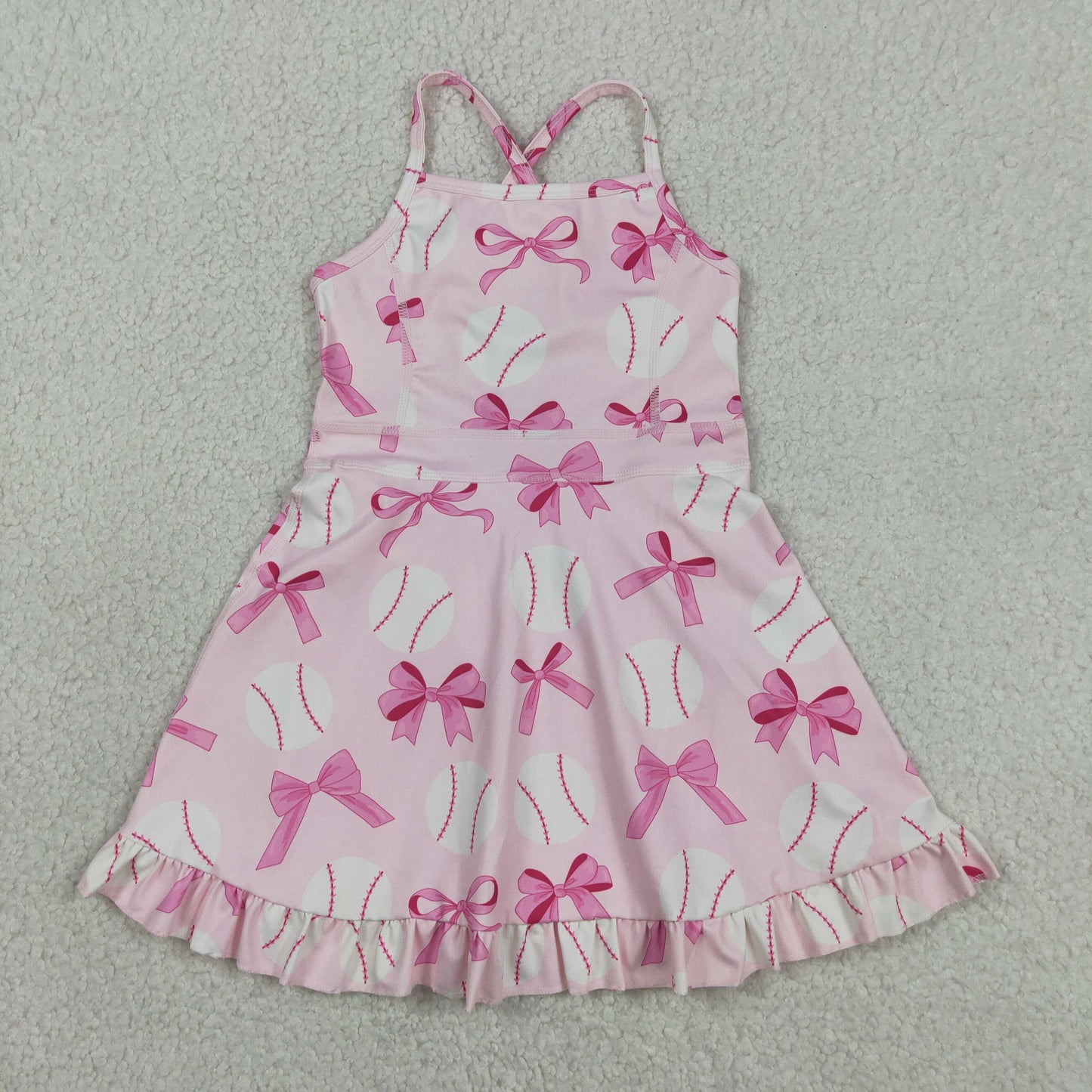 Baby Girl Straps Pink Bows Baseball Activity Wear Yoga Knee Length Dress RTS