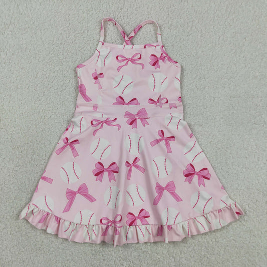 Baby Girl Straps Pink Bows Baseball Activity Wear Yoga Knee Length Dress RTS