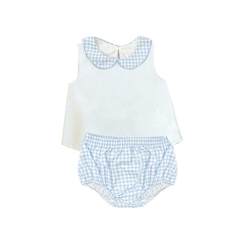 ( Moq 5 ) Preorder Baby Boys Kids Sleeveless Tops Blue Plaid Bummie Shorts Set Clothes