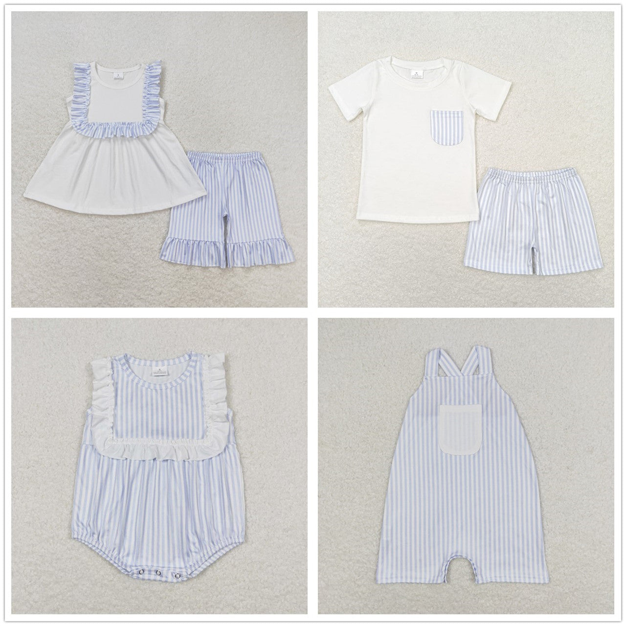 Baby Boy Girl Toddler Blue Stripes Sibling Rompers Clothes Sets